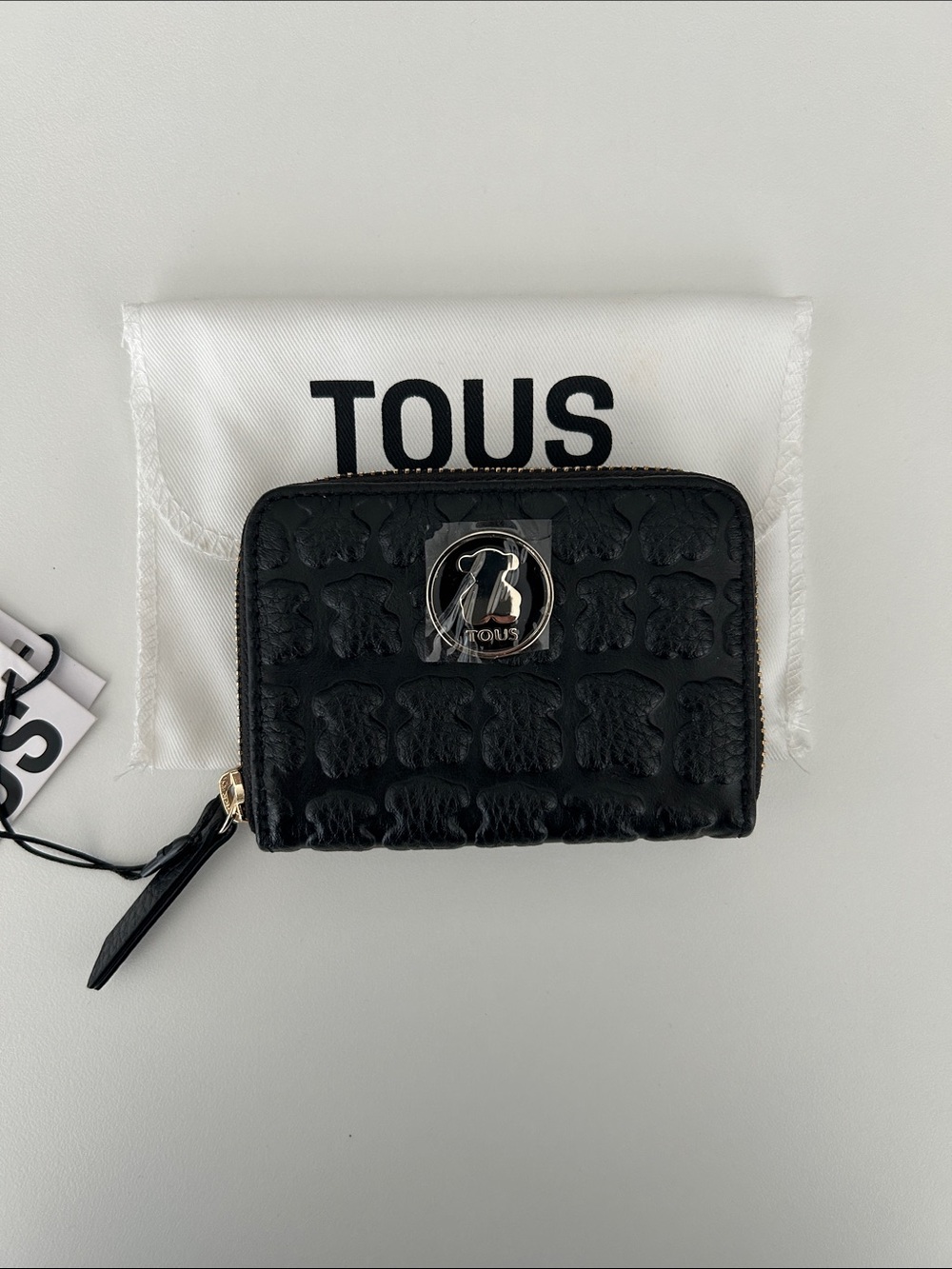Tous Black Embossed Leather Zip-Around Wallet with Logo Plaque